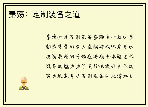 秦殇：定制装备之道